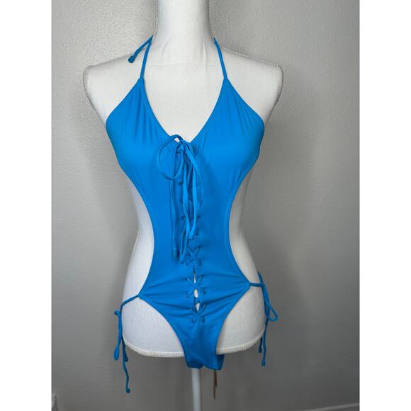 NWT Skims Lace-Up Monokini Turquoise One-Piece Swimsuit XS - Picture 2 of 12